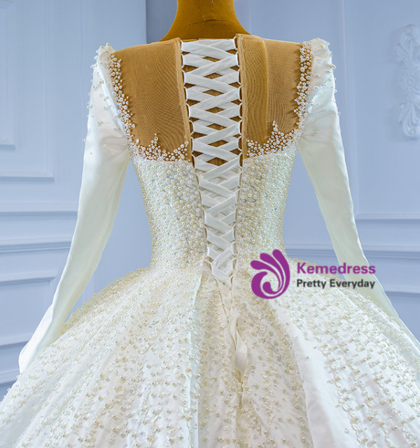 Ball Gown White Satin Long Sleeve Pearls Wedding Dress