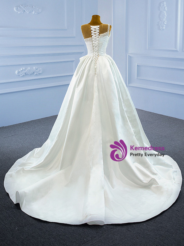 Fashion White Satin Pleats Pearls Wedding Dress