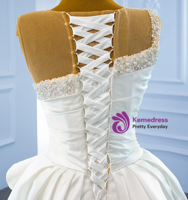Fashion White Satin Pleats Pearls Wedding Dress