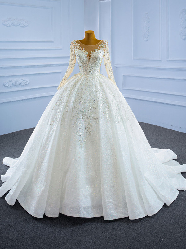 White Tulle Sequins Long Sleeve Beading Wedding Dress