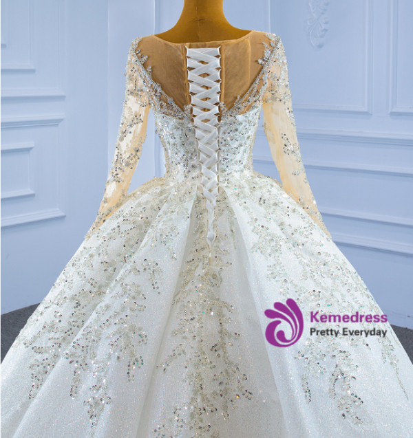 White Tulle Sequins Long Sleeve Beading Wedding Dress