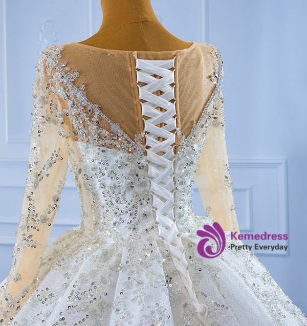 White Tulle Sequins Long Sleeve Beading Wedding Dress