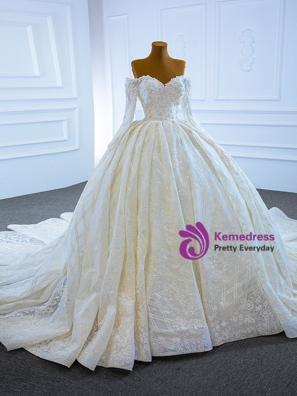 Ball Gown Tulle Sequins Long Sleeve Wedding Dress