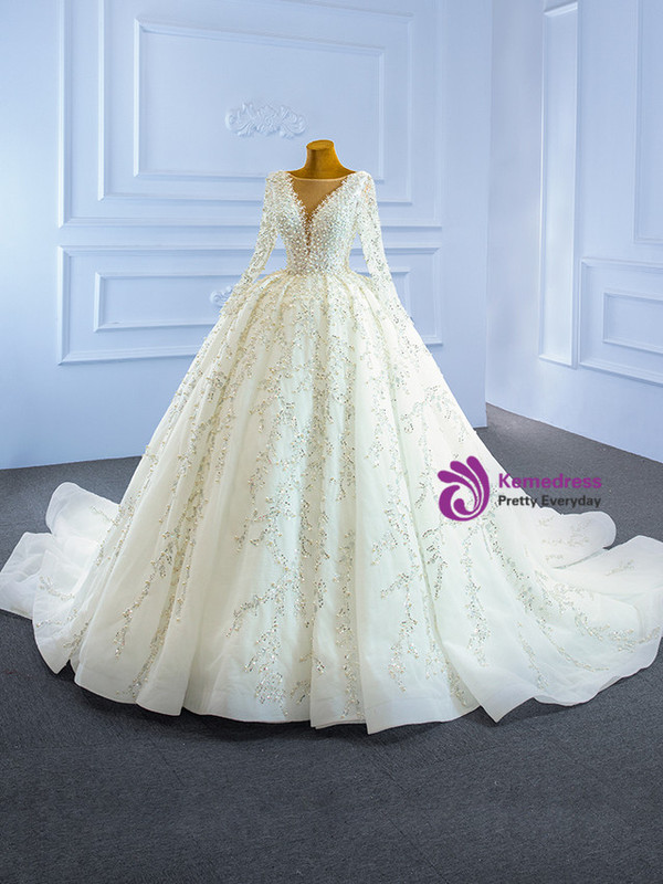 White Tulle Long Sleeve Beading Sequins Wedding Dress