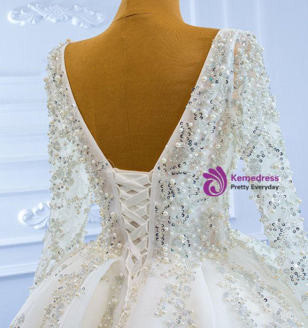 White Tulle Long Sleeve Beading Sequins Wedding Dress