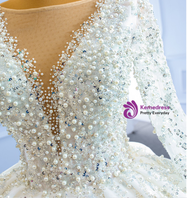 White Tulle Long Sleeve Beading Sequins Wedding Dress