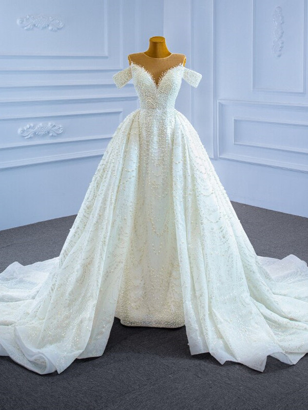Heavy Beading Pearls Sequins White Wedding Dress
