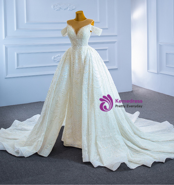 Heavy Beading Pearls Sequins White Wedding Dress