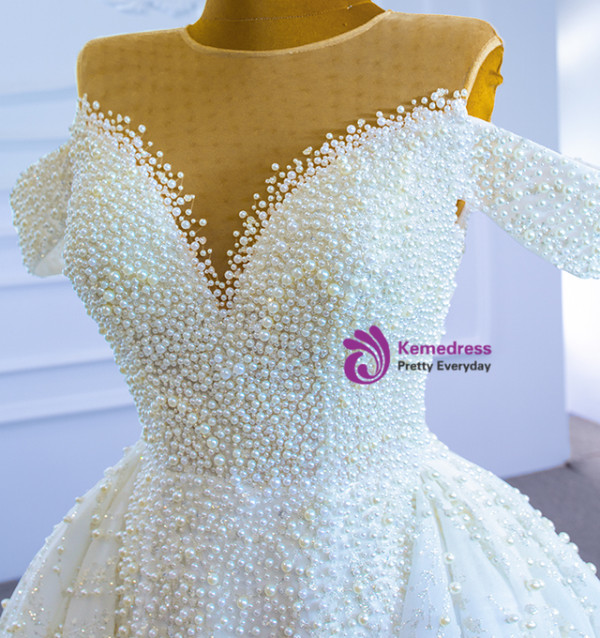 Heavy Beading Pearls Sequins White Wedding Dress