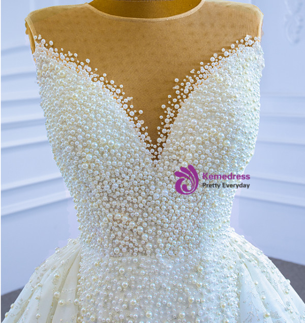Heavy Beading Pearls Sequins White Wedding Dress