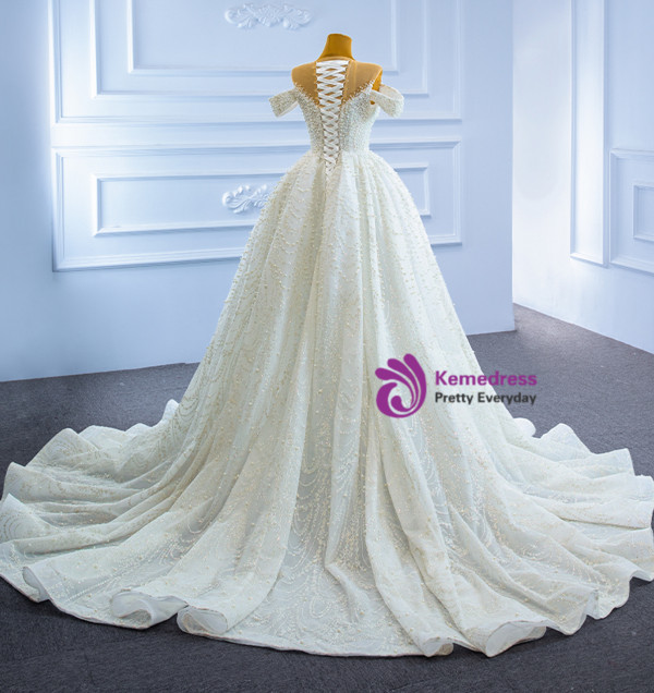 Heavy Beading Pearls Sequins White Wedding Dress