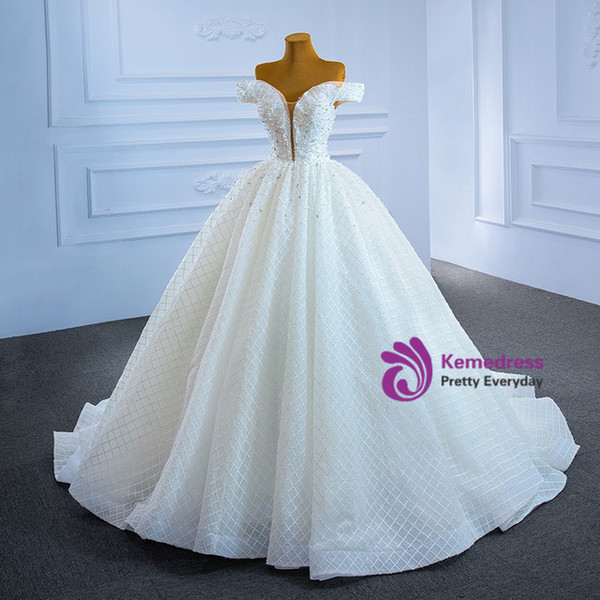 Luxury White Tulle Pearls Crystal Wedding Dress