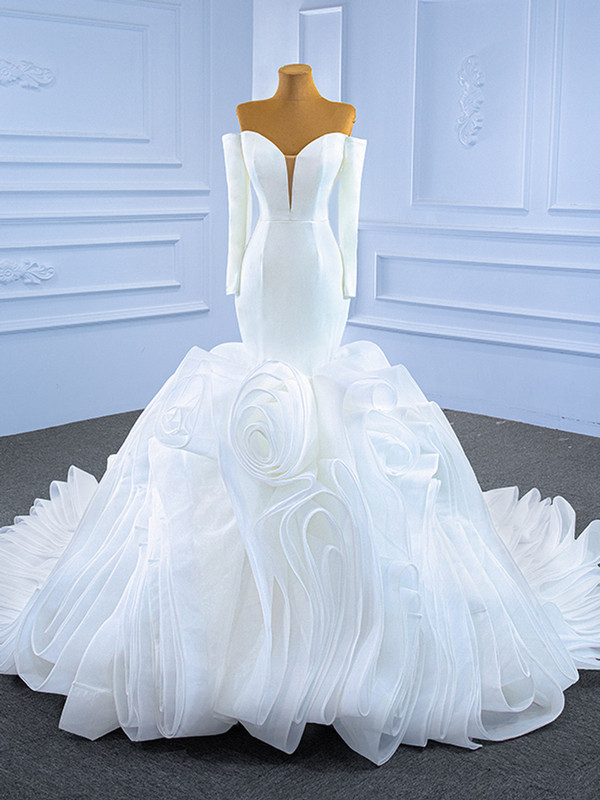 Sexy White Mermaid Satin Tulle Long Sleeve Wedding Dress