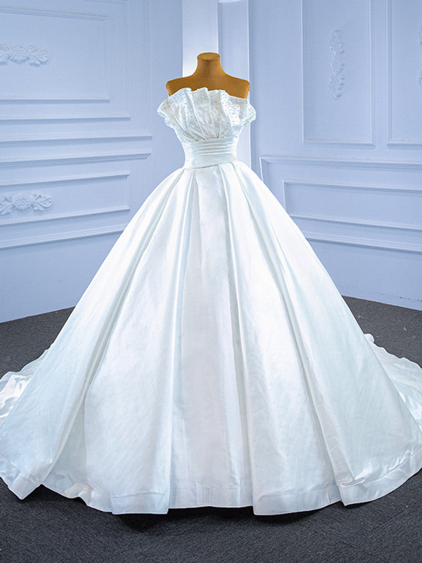 White Satin Pleats Pearls Wedding Dress