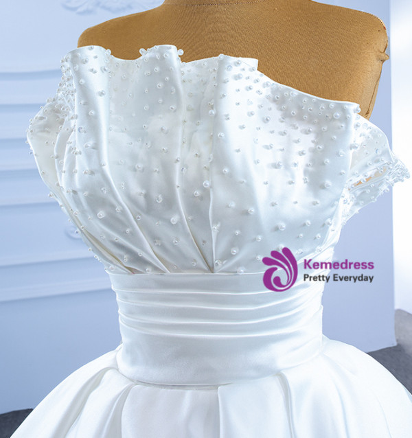 White Satin Pleats Pearls Wedding Dress