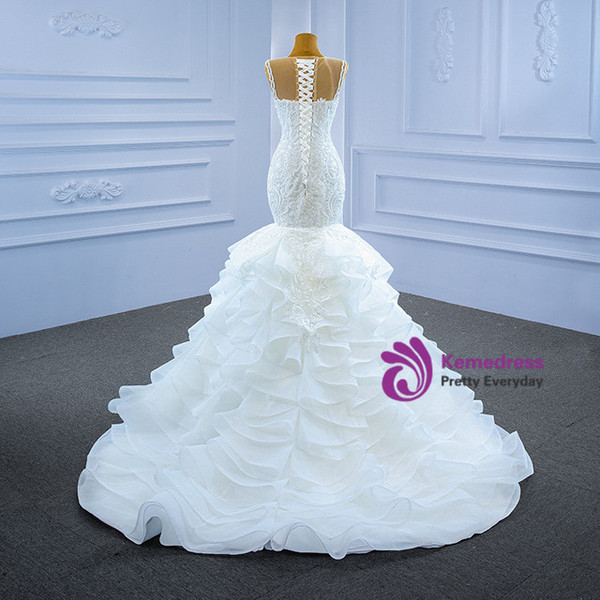 Sexy White Mermaid Tulle Appliques Beading Wedding Dress