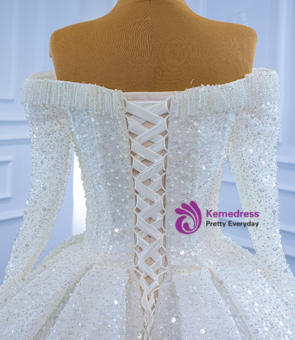 White Sequins Beading Long Sleeve Off the Shoulder Wedding Dress