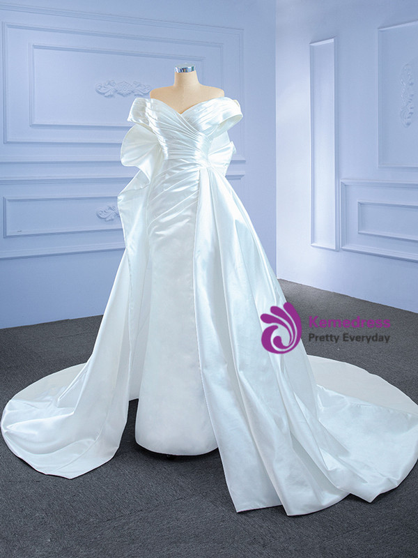 Sexy White Satin Pleats Off the Shoulder Wedding Dress