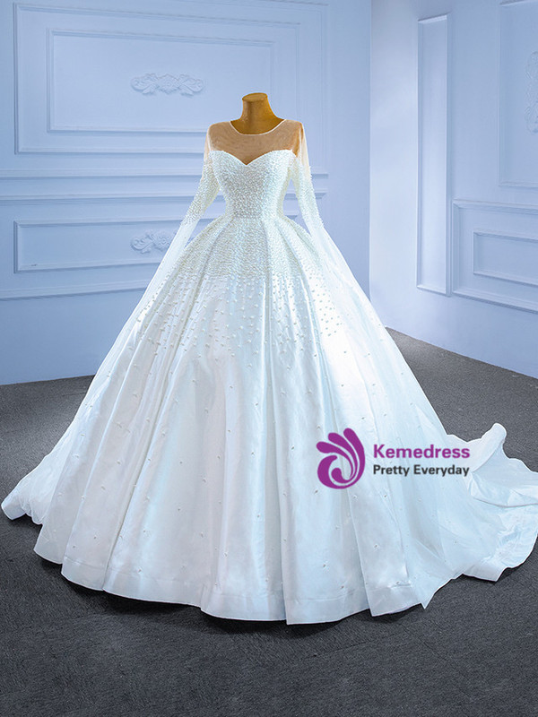 Ball Gown White Tulle Lace Long Sleeve Sequins Appliques Wedding Dress