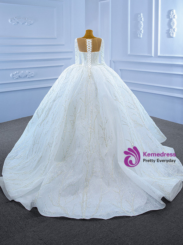 Ball Gown White Tulle Lace Long Sleeve Sequins Appliques Wedding Dress