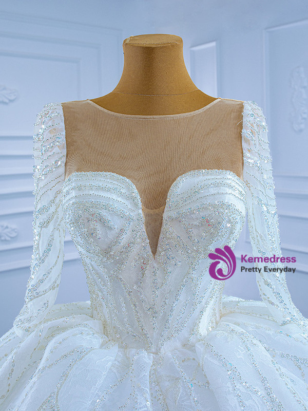 Ball Gown White Tulle Lace Long Sleeve Sequins Appliques Wedding Dress