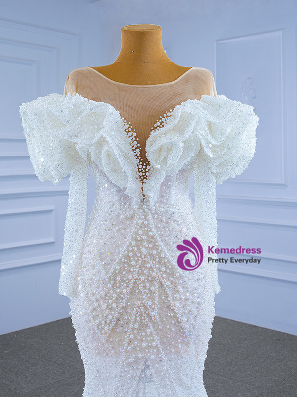 Sexy Mermaid Sequins Pearls Long Sleeve Wedding Dress