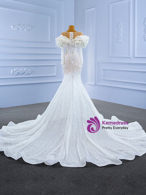 Sexy Mermaid Sequins Pearls Long Sleeve Wedding Dress