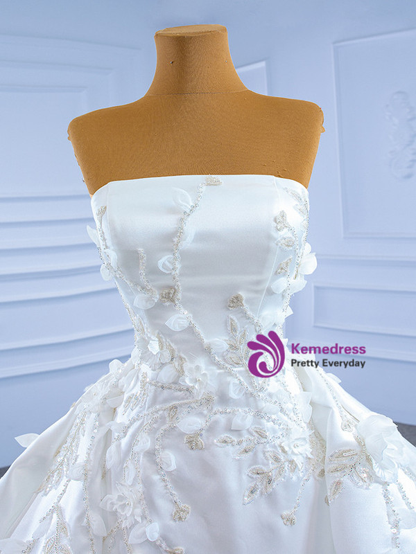 White Satin Sequins Appliques Beading Wedding Dress