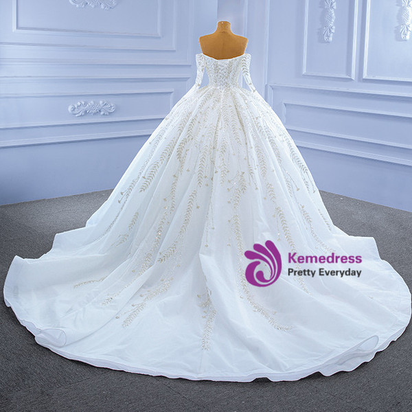 Luxury White Tulle Long Sleeve Sequins Beading Wedding Dress