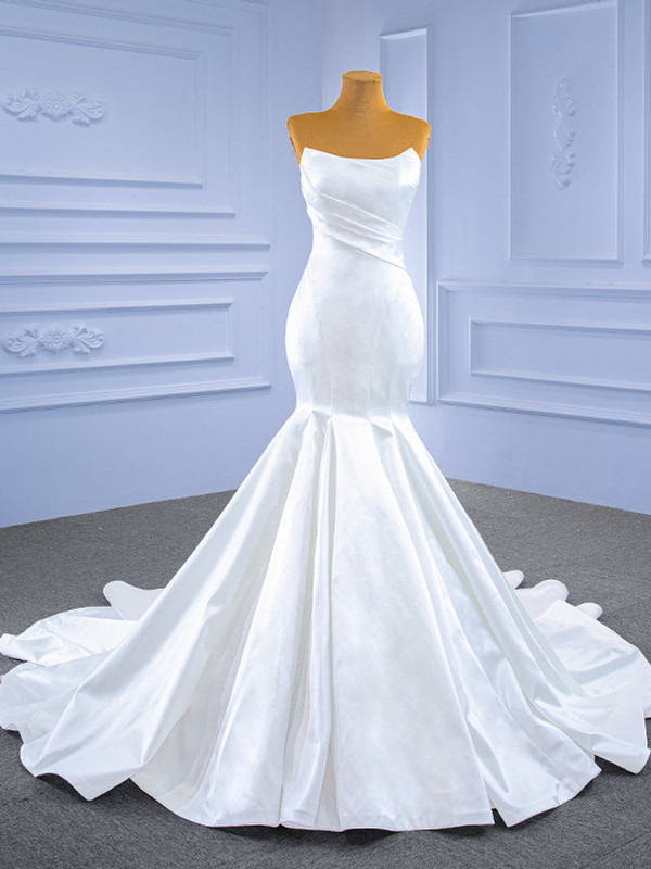 Simple White Mermaid Satin Strapless Wedding Dress