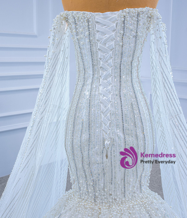 White Mermaid Heavy Beading Sequins Off the Shoulder Wedding Dress