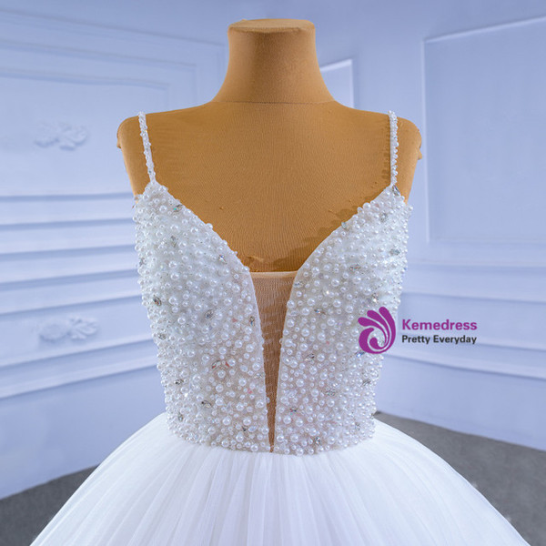 White Spaghetti Straps Crystal Pearls Wedding Dress