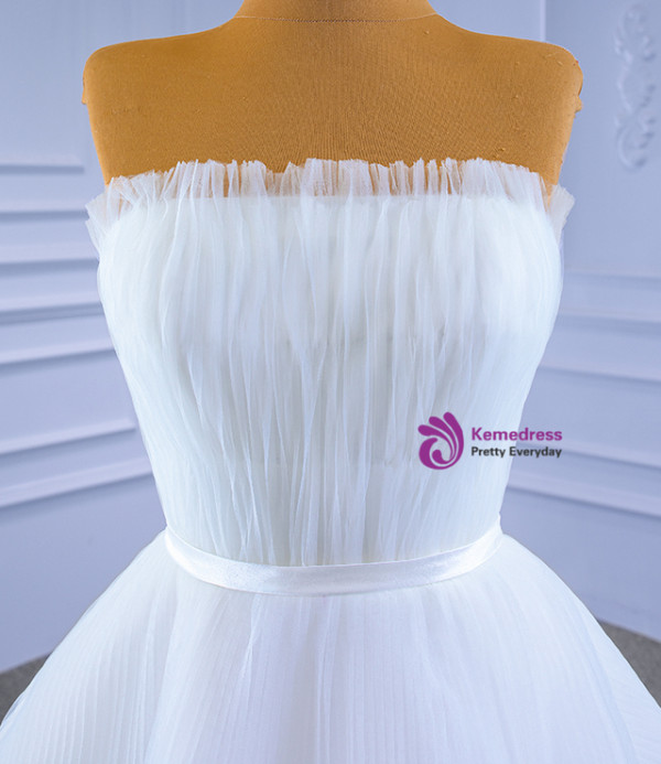 White Tulle Strapless Pleats Hi Lo Wedding Dress