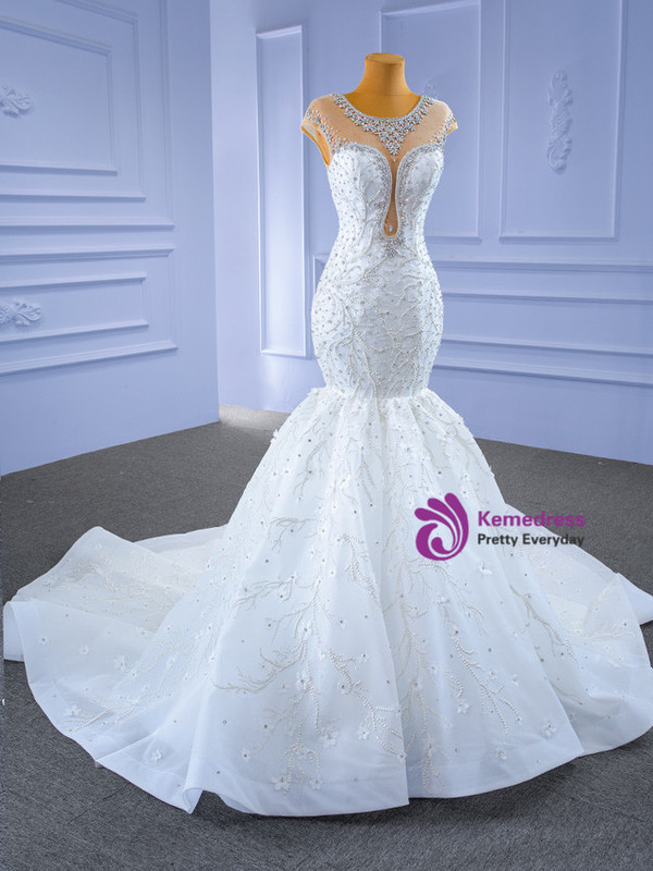 White Mermaid Tulle Cap Sleeve Beading Wedding Dress