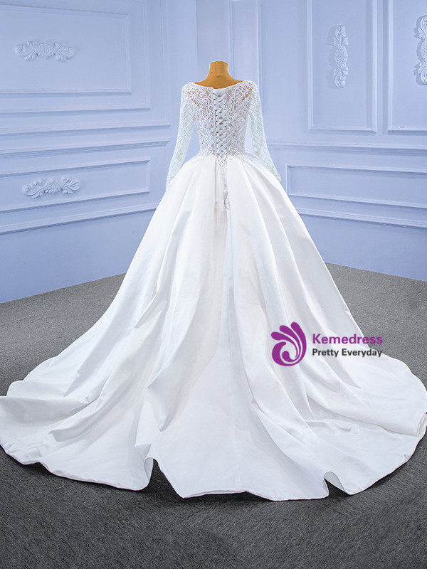 White Satin Lace Appliques Long Sleeve Beading Wedding Dress