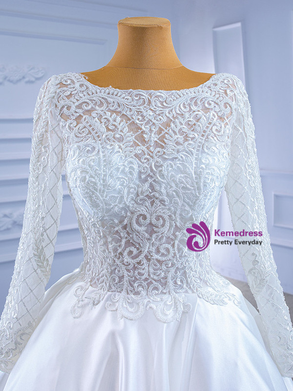 White Satin Lace Appliques Long Sleeve Beading Wedding Dress