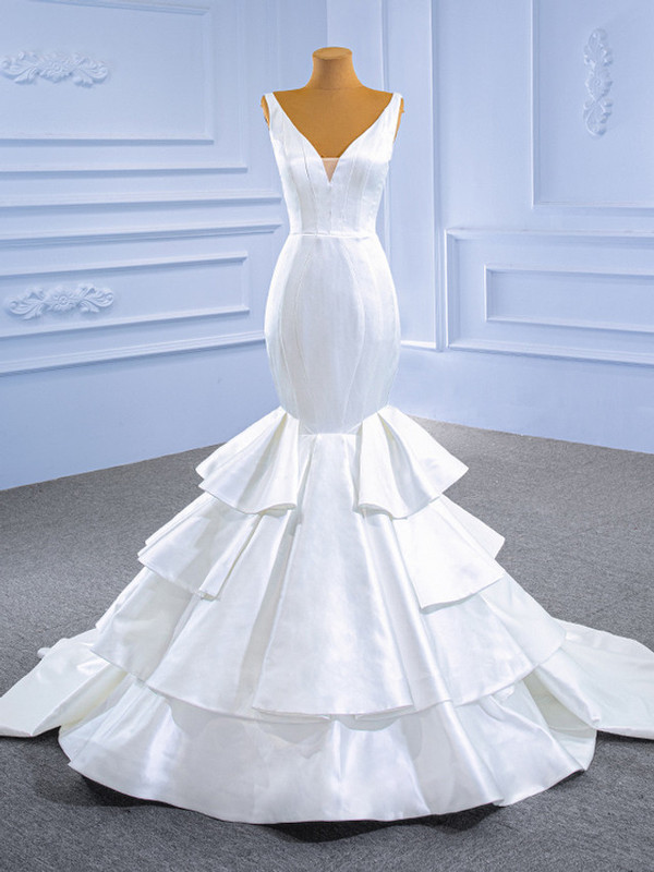 Simple White Mermaid Satin V-neck Wedding Dress