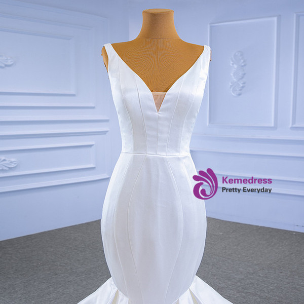 Simple White Mermaid Satin V-neck Wedding Dress