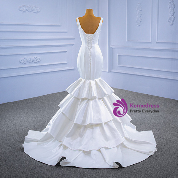 Simple White Mermaid Satin V-neck Wedding Dress