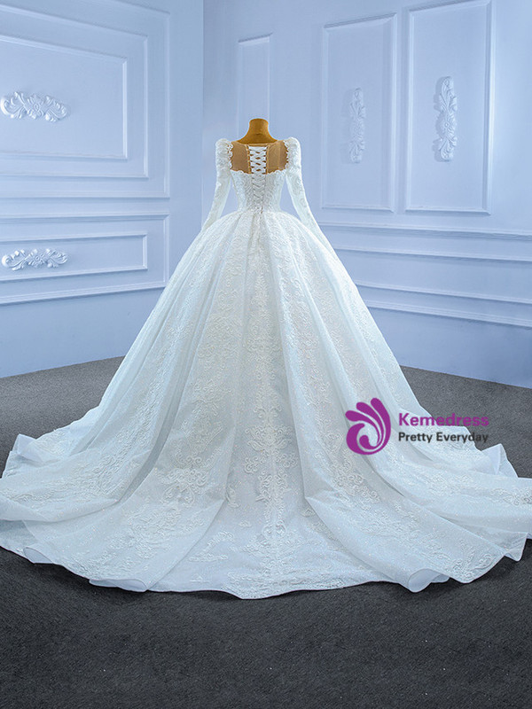 White Long Sleeve Sequins Appliques Beading Wedding Dress