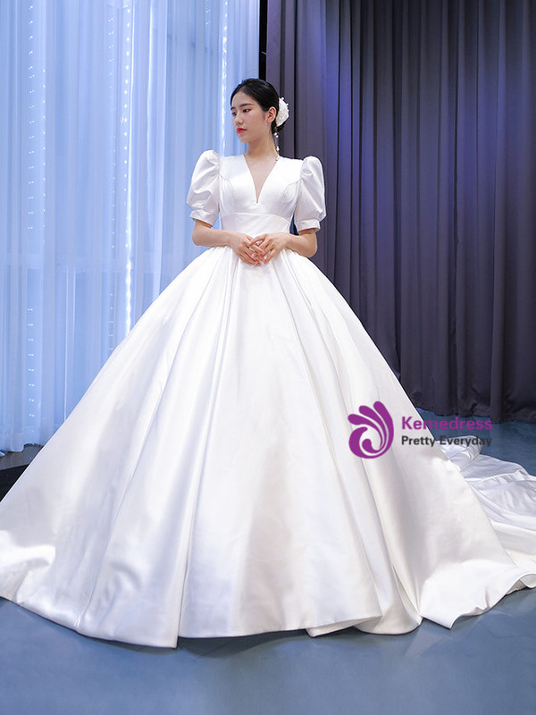 White Satin V-neck Puff Sleeve Wedding Dress