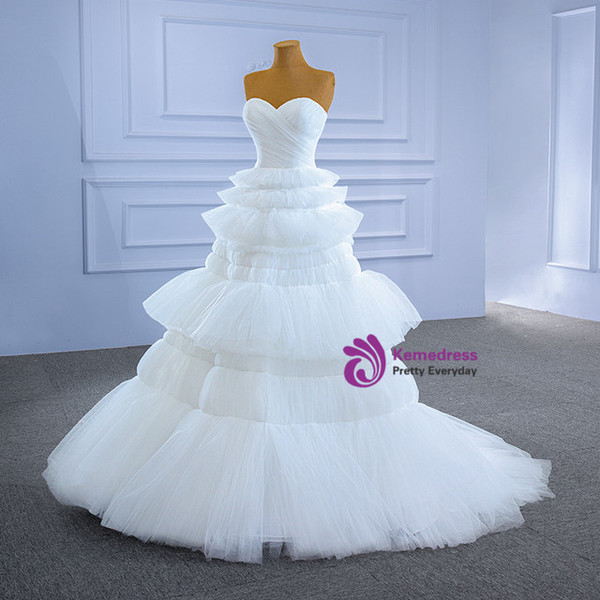 Fashion White Tulle Sweetheart Pleats Tiers Wedding Dress