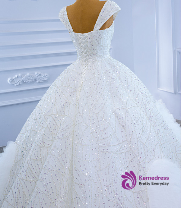 White Ball Gown Tulle Sequins Beading Wedding Dress
