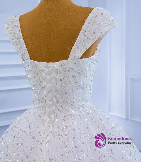 White Ball Gown Tulle Sequins Beading Wedding Dress