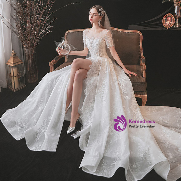 White Lace Short Sleeve Wedding Dress With Detachable Train