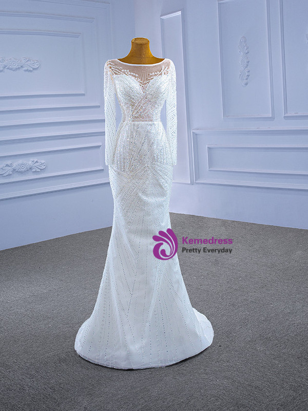 White Tulle Sequins Long Sleeve Wedding Dress With Detachable Train