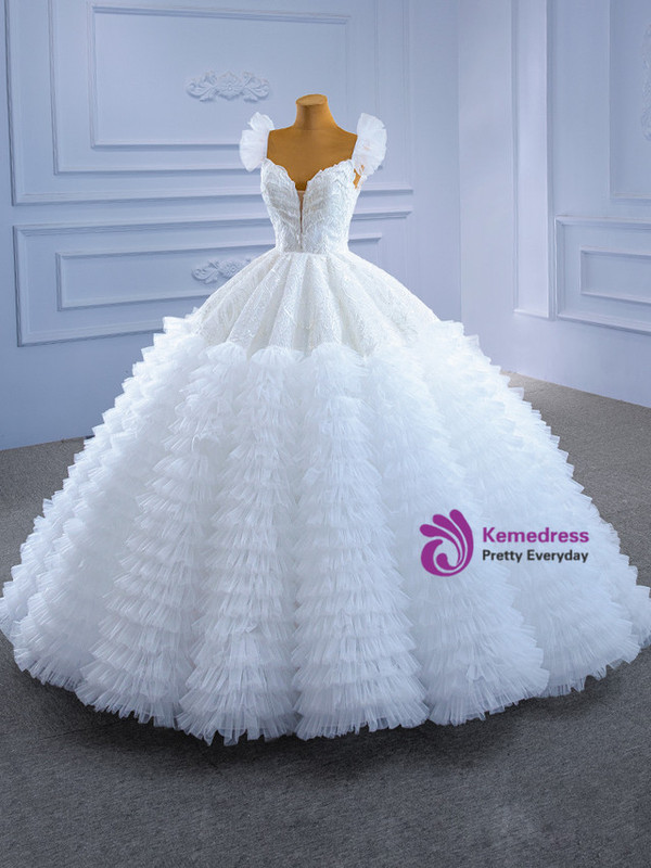 White Ball Gown Lace Sequins Tiers Wedding Dress