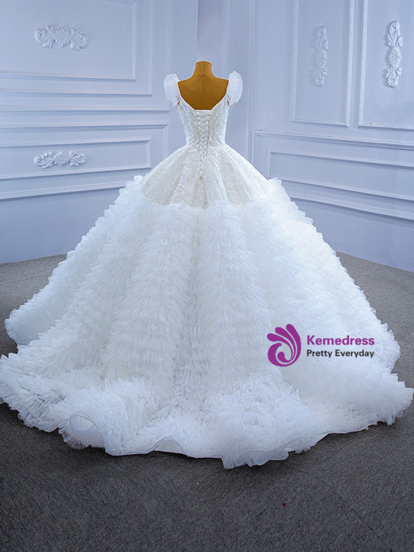 White Ball Gown Lace Sequins Tiers Wedding Dress