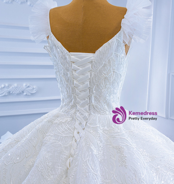 White Ball Gown Lace Sequins Tiers Wedding Dress