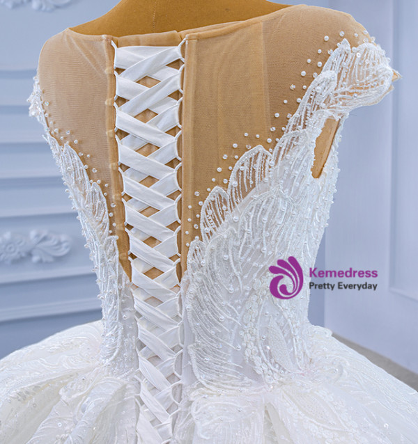 White Cap Sleeve Lace Sequins Pearls Wedding Dress